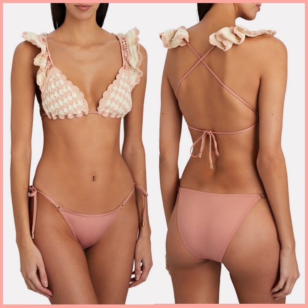 Zimmermann Pink Crochet Ruffle Bikini Top with Blush Pink Bottoms